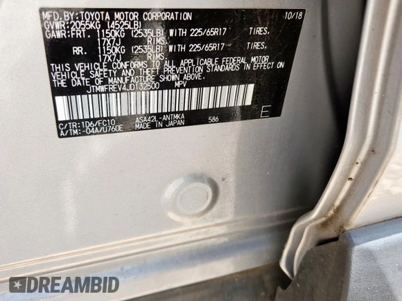 2018 Toyota RAV4 XLE with VIN JTMWFREV4JD132500, listed as a Copart auction lot 59790105 with 48,066 mi miles and Salvage title. Bid and sale history available at DreamBid. Image 13.