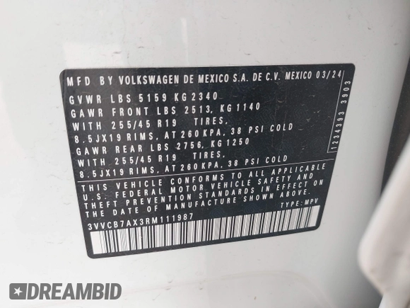 2024 Volkswagen Tiguan SE R-Line Black z VIN 3VVCB7AX3RM111987, wystawiony jako IAAI lot #42148019 z przebiegiem 6 455 mil mil oraz . Historia ofert i sprzedaży dostępna na DreamBid. Obrazek 9.