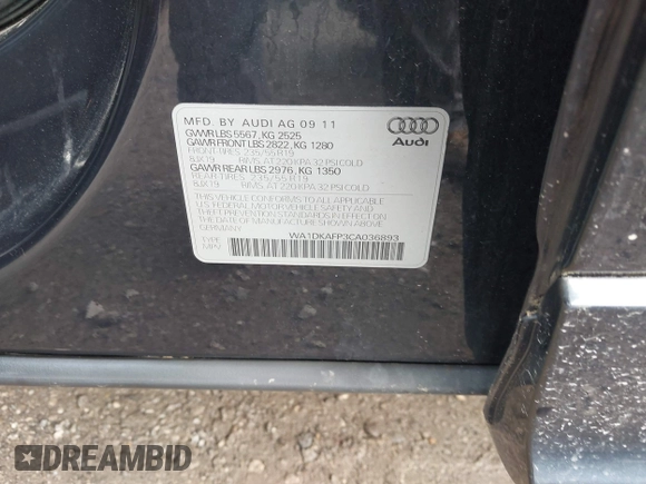 2012 Audi Q5 Premium Plus with VIN WA1DKAFP3CA036893, listed as a IAAI auction lot 42193345 with 159,750 mi miles and . Bid and sale history available at DreamBid. Image 9.