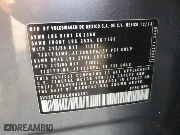 2019 Volkswagen Tiguan SE with VIN 3VV3B7AX4KM066161, listed as a Copart auction lot 59897705 with 86,556 mi miles and Salvage title. Bid and sale history available at DreamBid. Image 13.