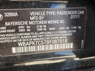 2011 BMW 3 Series 328i xDrive with VIN WBAPK7C57BF087918, listed as a Copart auction lot 56417365 with Not provided miles and Salvage title. Bid and sale history available at DreamBid. Image 12.