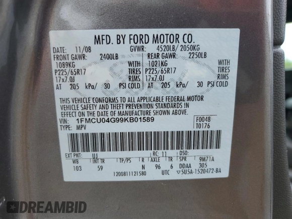 2009 Ford Escape Limited с VIN 1FMCU04G99KB01589, выставлен на аукционе Copart как лот 58191715 с пробегом 157 549 миль миль и Чистый • Clean title. История ставок и продаж доступна на DreamBid. Изображение 13.