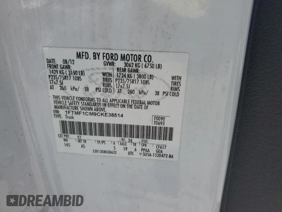 2012 Ford F-150 XL z VIN 1FTMF1CM9CKE38514, wystawiony jako Copart lot #61494525 z przebiegiem 255 155 mil mil oraz Czysty tytuł • Clean title. Historia ofert i sprzedaży dostępna na DreamBid. Obrazek 12.