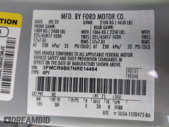 2022 Ford Bronco Sport Big Bend z VIN 3FMCR9B67NRE14484, wystawiony jako IAAI lot #42221112 z przebiegiem 33 083 mil mil oraz . Historia ofert i sprzedaży dostępna na DreamBid. Obrazek 9.