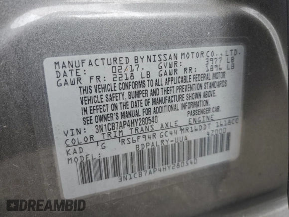 2017 Nissan Sentra SR Turbo с VIN 3N1CB7AP4HY280540, выставлен на аукционе Copart как лот 56818515 с пробегом 130 072 миль миль и Списание • Salvage title. История ставок и продаж доступна на DreamBid. Изображение 12.