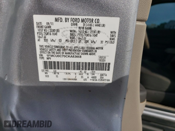 2012 Ford Escape XLS with VIN 1FMCU0C70CKA83668, listed as a Copart auction lot 61737275 with 245,744 mi miles and Salvage title. Bid and sale history available at DreamBid. Image 13.