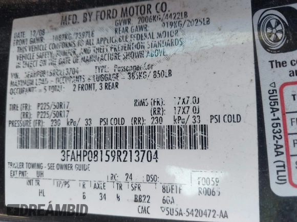 2009 Ford Fusion SEL with VIN 3FAHP08159R213704, listed as a IAAI auction lot 41988480 with 277,803 mi miles. Bid and sale history available at carsss.com. Image 9.
