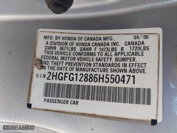 2006 Honda Civic Cpe EX with VIN 2HGFG12886H550471, listed as a IAAI auction lot 41909536 with 238,794 mi miles. Bid and sale history available at carsss.com. Image 9.
