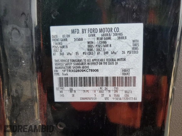 2009 Ford F-150 z VIN 1FTRX02809KC78906, wystawiony jako Copart lot #55922015 z przebiegiem 91 300 mil mil oraz Szkoda całkowita • Salvage title. Historia ofert i sprzedaży dostępna na DreamBid. Obrazek 13.