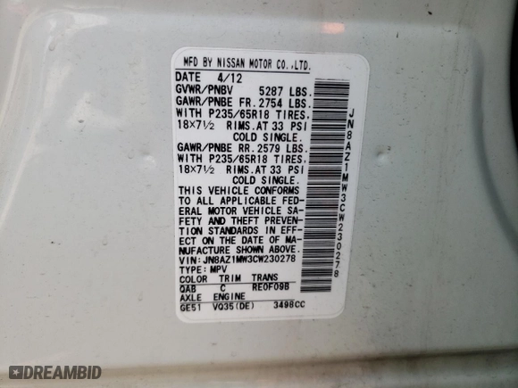 2012 Nissan Murano SV with VIN JN8AZ1MW3CW230278, listed as a Copart auction lot 67509724 with 161,136 mi miles and Salvage Title. Bid and sale history available at carsss.com. Image 13.