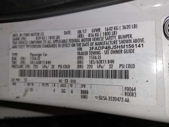 2017 Ford Fiesta SE with VIN 3FADP4BJ5HM156141, listed as a IAAI auction lot 42085359 with 52,015 mi miles and . Bid and sale history available at DreamBid. Image 9.
