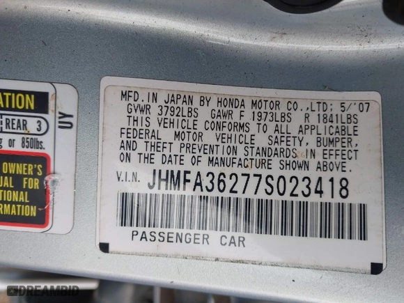 2007 Honda Civic Hybrid with VIN JHMFA36277S023418, listed as a IAAI auction lot 41846907 with 182,939 mi miles. Bid and sale history available at carsss.com. Image 9.