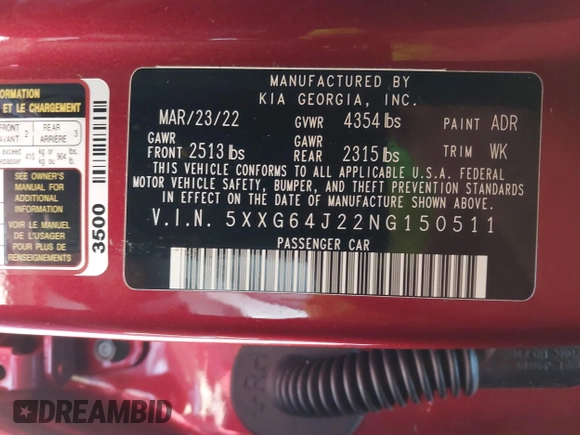 2022 Kia K5 GT-Line z VIN 5XXG64J22NG150511, wystawiony jako IAAI lot #42062735 z przebiegiem 32 223 mil mil oraz . Historia ofert i sprzedaży dostępna na DreamBid. Obrazek 9.