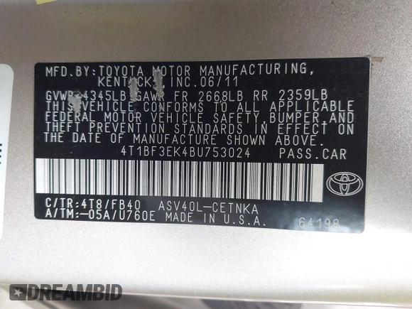 2011 Toyota Camry LE z VIN 4T1BF3EK4BU753024, wystawiony jako IAAI lot #41920255 z przebiegiem 198 088 mil mil oraz . Historia ofert i sprzedaży dostępna na DreamBid. Obrazek 9.
