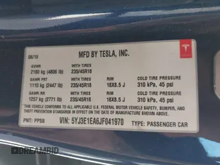 2018 Tesla Model 3 Long Range Battery z VIN 5YJ3E1EA6JF041970, wystawiony jako IAAI lot #42224514 z przebiegiem 79 744 mil mil oraz . Historia ofert i sprzedaży dostępna na DreamBid. Obrazek 9.