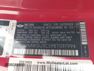 2011 MINI Hardtop with VIN WMWSU3C59BT097994, listed as a IAAI auction lot 42830893 with 138,074 mi miles and . Bid and sale history available at DreamBid. Image 9.