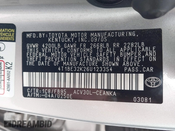 2006 Toyota Camry STD z VIN 4T1BE32K26U123354, wystawiony jako IAAI lot #42436572 z przebiegiem 216 876 mil mil oraz . Historia ofert i sprzedaży dostępna na DreamBid. Obrazek 9.