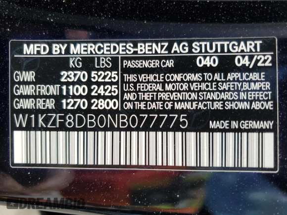 2022 Mercedes-Benz E 350 with VIN W1KZF8DB0NB077775, listed as a Copart auction lot 56567085 with 39,548 mi miles and Salvage title. Bid and sale history available at DreamBid. Image 13.