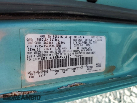 1994 Ford Econoline Cargo with VIN 1FMEE11N8RHA97630, listed as a Copart auction lot 52912205 with Not Provided miles and Clean Title. Bid and sale history available at DreamBid. Image 13.