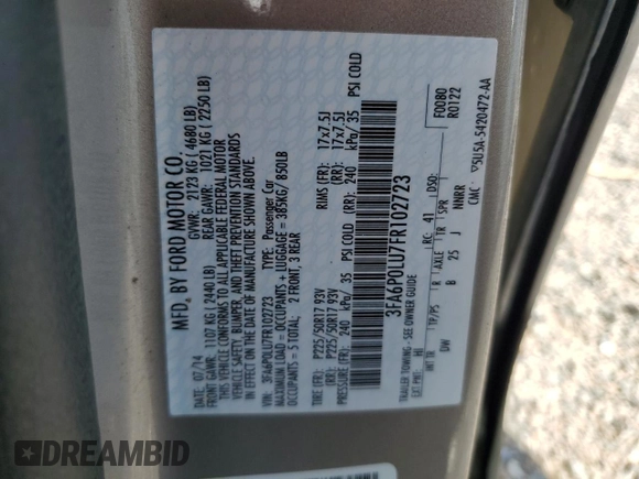 2015 Ford Fusion SE Hybrid z VIN 3FA6P0LU7FR102723, wystawiony jako Copart lot #62334345 z przebiegiem 136 341 mil mil oraz Nie do naprawy • Non repairable. Historia ofert i sprzedaży dostępna na DreamBid. Obrazek 12.