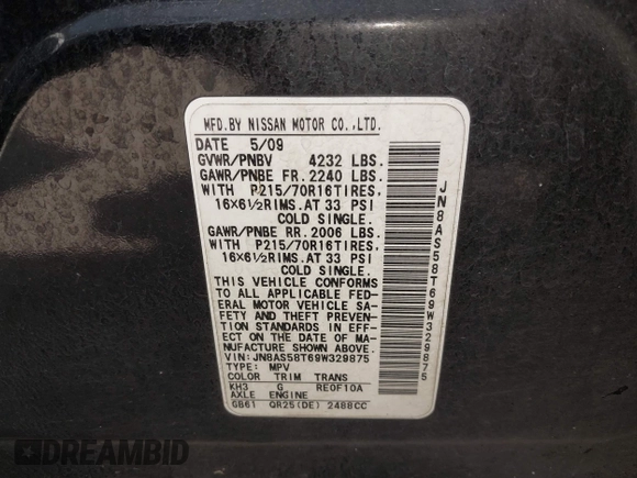 2009 Nissan Rogue SL with VIN JN8AS58T69W329875, listed as a IAAI auction lot 42139623 with 250,567 mi miles and . Bid and sale history available at DreamBid. Image 9.