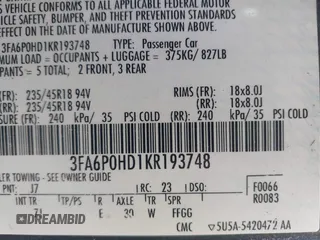 2019 Ford Fusion SE with VIN 3FA6P0HD1KR193748, listed as a IAAI auction lot 41889847 with 106,223 mi miles. Bid and sale history available at carsss.com. Image 9.