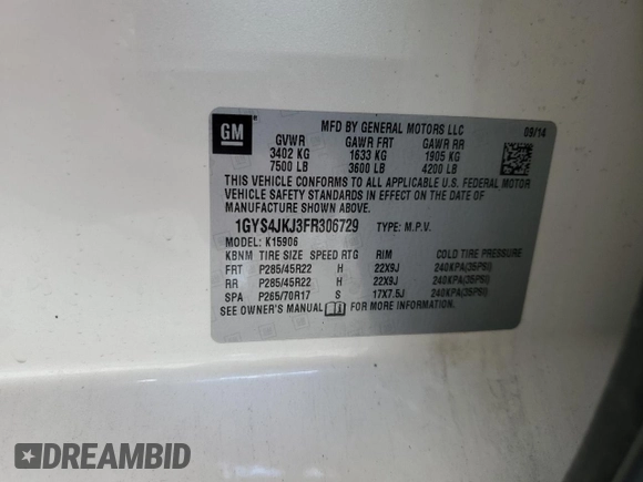 2015 Cadillac Escalade ESV Premium with VIN 1GYS4JKJ3FR306729, listed as a Copart auction lot 52604305 with 235,802 mi miles and Salvage title. Bid and sale history available at DreamBid. Image 13.