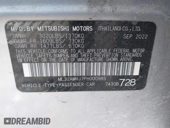 2023 Mitsubishi Mirage Black Edition с VIN ML32AWHJ7PH000985, выставлен на аукционе IAAI как лот 41715630 с пробегом 33 582 миль миль и . История ставок и продаж доступна на DreamBid. Изображение 9.