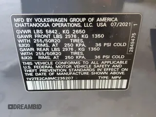 2021 Volkswagen Atlas SEL Premium with VIN 1V2TE2CA9MC235207, listed as a Copart auction lot 53188515 with Not provided miles and Salvage title. Bid and sale history available at DreamBid. Image 13.