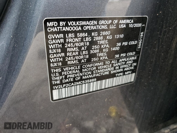2021 Volkswagen Atlas SE with VIN 1V2LP2CA2MC535889, listed as a Copart auction lot 54493305 with 95,530 mi miles and Salvage title. Bid and sale history available at DreamBid. Image 13.