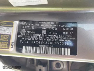 2015 Kia Optima LX with VIN 5XXGM4A78FG503983, listed as a IAAI auction lot 41843823 with 150,222 mi miles. Bid and sale history available at carsss.com. Image 9.