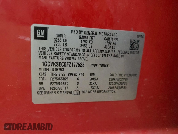 2015 Chevrolet Silverado 1500 LTZ with VIN 1GCVKSEC0FZ177523, listed as a Copart auction lot 82062554 with 147,767 mi miles and Salvage Title. Bid and sale history available at carsss.com. Image 12.