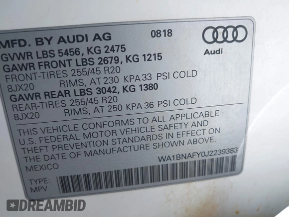 2018 Audi Q5 Premium Plus z VIN WA1BNAFY0J2239383, wystawiony jako IAAI lot #42384069 z przebiegiem 44 069 mil mil oraz . Historia ofert i sprzedaży dostępna na DreamBid. Obrazek 9.