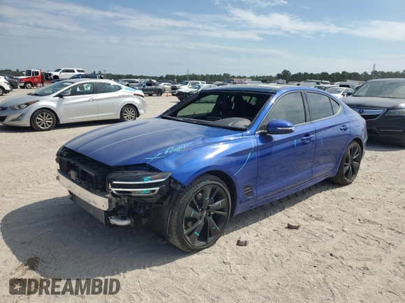 2023 Genesis G70 2.0T with VIN KMTG34TA9PU112334, listed as a Copart auction lot 67105774 with 8,369 mi miles and Salvage Title. Bid and sale history available at carsss.com. Image 1.