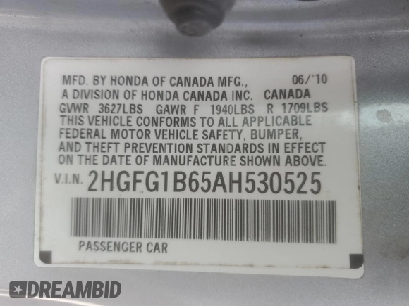 2010 Honda Civic Cpe LX with VIN 2HGFG1B65AH530525, listed as a Copart auction lot 53235325 with 156,429 mi miles and Salvage Title. Bid and sale history available at carsss.com. Image 14.