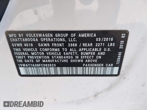 2015 Volkswagen Passat Limited Edition Edition с VIN 1VWAT7A39FC082523, выставлен на аукционе IAAI как лот 41773358 с пробегом 217 069 миль миль и . История ставок и продаж доступна на DreamBid. Изображение 9.