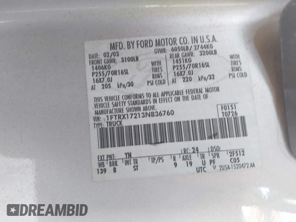 2003 Ford F-150 XL with VIN 1FTRX17213NB36760, listed as a IAAI auction lot 42170424 with 130,768 mi miles and . Bid and sale history available at DreamBid. Image 9.