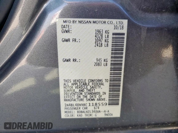 2019 Nissan Altima SV z VIN 1N4BL4DVXKC118559, wystawiony jako Copart lot #53390185 z przebiegiem 162 124 mil mil oraz Szkoda całkowita • Salvage title. Historia ofert i sprzedaży dostępna na DreamBid. Obrazek 12.