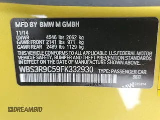 2015 BMW M4 with VIN WBS3R9C59FK332930, listed as a Copart auction lot 51443045 with 0 mi miles and Salvage Title. Bid and sale history available at carsss.com. Image 12.