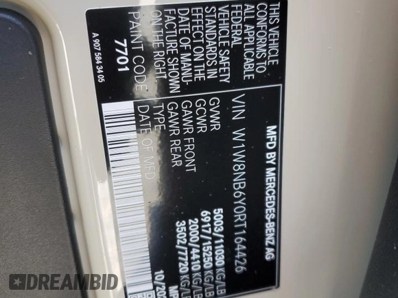 2024 Mercedes-Benz Sprinter with VIN W1W8NB6Y0RT164426, listed as a Copart auction lot 51678665 with 2,928 mi miles and Non Repairable. Bid and sale history available at DreamBid. Image 13.