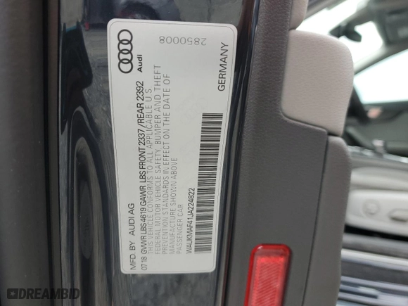 2018 Audi A4 Premium with VIN WAUKMAF41JA224822, listed as a Copart auction lot 48511095 with 58,364 mi miles and Salvage Title. Bid and sale history available at carsss.com. Image 13.