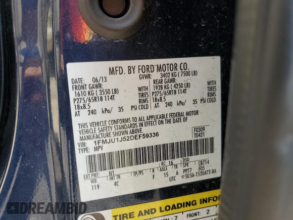 2013 Ford Expedition XLT with VIN 1FMJU1J52DEF59336, listed as a Copart auction lot 60320275 with 143,448 mi miles and Salvage title. Bid and sale history available at DreamBid. Image 13.