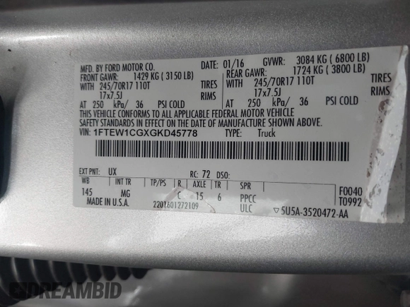2016 Ford F-150 XL с VIN 1FTEW1CGXGKD45778, выставлен на аукционе IAAI как лот 41713168 с пробегом 144 298 миль миль и . История ставок и продаж доступна на DreamBid. Изображение 9.