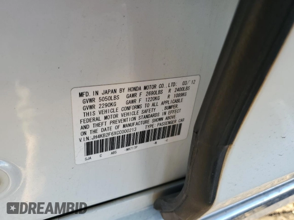 2012 Acura RL Technology with VIN JH4KB2F6XCC000213, listed as a Copart auction lot 81556514 with 103,466 mi miles and Salvage Title. Bid and sale history available at DreamBid. Image 12.