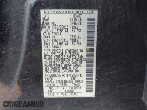 2007 Nissan Frontier SE z VIN 1N6AD07U57C442876, wystawiony jako IAAI lot #41975510 z przebiegiem 170 932 mil mil oraz . Historia ofert i sprzedaży dostępna na DreamBid. Obrazek 9.