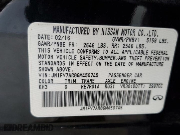 2016 Infiniti Q50 Red Sport 400 with VIN JN1FV7AR8GM450745, listed as a Copart auction lot 54018795 with 116,758 mi miles and Salvage title. Bid and sale history available at DreamBid. Image 13.