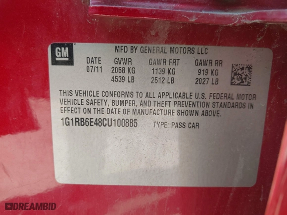 2012 Chevrolet Volt with VIN 1G1RB6E48CU100885, listed as a IAAI auction lot 42060886 with 141,958 mi miles. Bid and sale history available at carsss.com. Image 9.