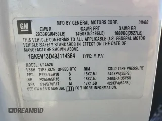 2009 GMC Acadia SLE1 z VIN 1GKEV13D49J114364, wystawiony jako Copart lot #77308824 z przebiegiem 121 530 mil mil oraz Szkoda całkowita • Salvage title. Historia ofert i sprzedaży dostępna na DreamBid. Obrazek 13.