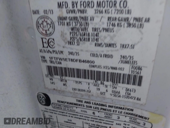 2013 Ford F-150 XL with VIN 1FTFW1ET8DFB46800, listed as a IAAI auction lot 37976110 with 152,173 mi miles. Bid and sale history available at carsss.com. Image 9.
