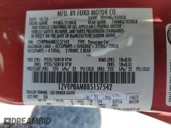 2011 Ford Mustang V6 with VIN 1ZVBP8AM8B5157542, listed as a Copart auction lot 61678945 with 83,868 mi miles and Salvage title. Bid and sale history available at DreamBid. Image 12.